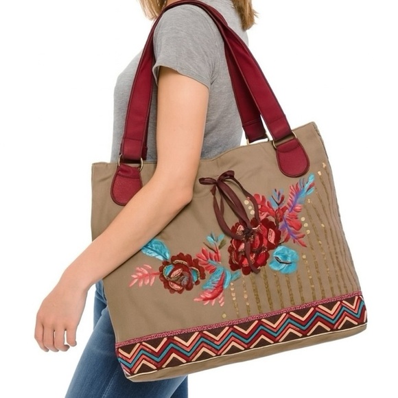 RAGA Embroidered Sequin Flower Child Boho Hippie Chic Large 100% Cotton Tote Bag - Picture 1 of 15